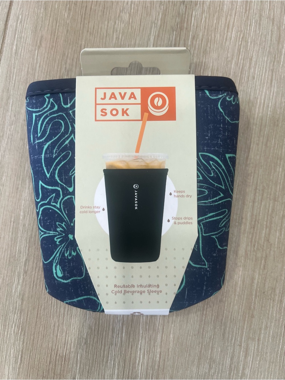 JavaSok Neoprene Can Sleeve in Navy with Teal Floral